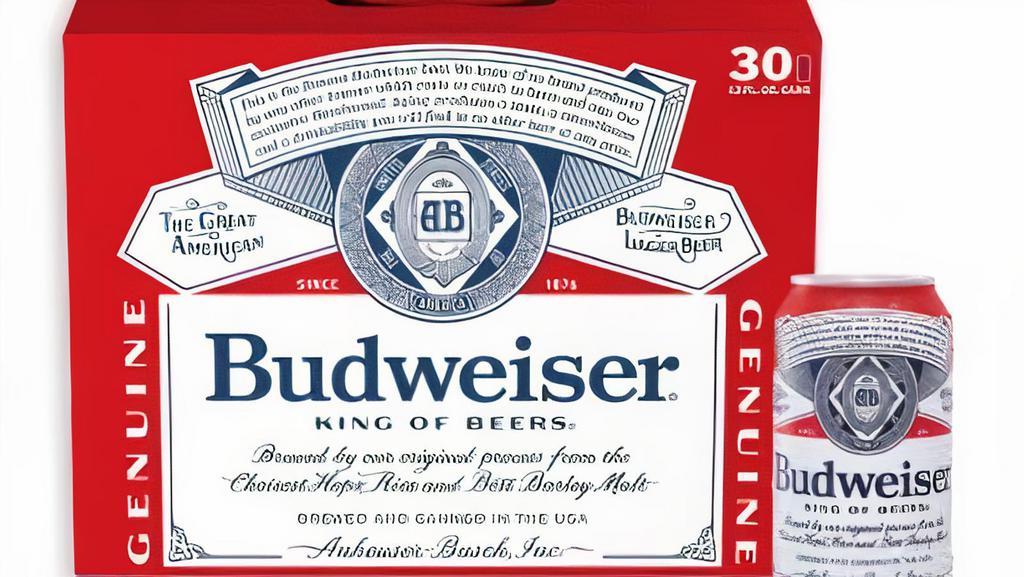 Budweiser - (30 Pk - 12 Oz Cans) · 5% ABV. Brewed with high quality barley malt, a blend of premium hop varieties, fresh rice and filtered water, this American beer is crisp and full of flavor. Must be 21 to purchase.