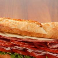 Italian Cold Sandwich  On Hero · Ham, salami, pepperoni, provolone cheese, lettuce, tomatoes and mustard dressing.