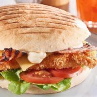 Chicken Club Hot Hero · Chicken cutlet, bacon, Muenster, lettuce and tomatoes.