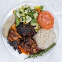 Jerk Chicken · Served with side and rice.