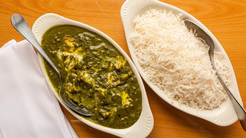 Palak Paneer · Indian Cottage Cheese Cooked With Fresh Spinach Spices And Cream.