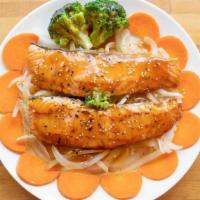 Salmon Teriyaki · Teriyaki Salmon with pan-fried onion and water boiled broccoli and carrot, with house teriya...