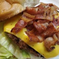 Bacon Cheeseburger · A single Cheeseburger (1/5 lb) with Lettuce, Tomato and Mayo, topped with bacon, .  Served o...