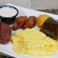 Desayuno Con Tamal · Tamale, Beans, Cream, Scrambled Eggs, Cheese & 2 Sweet Plantains