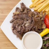 Beef Shawarma Meal · Served with rice or fries, white sauce, home salad, soup, hummus, and bread.