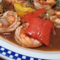 Garlic Shrimp · Jumbo shrimp tossed in olive oil, freshly chopped, and rainbow of bell peppers. Served with ...