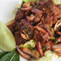 Beef Steaks Salads · Spicy beef steaks with red onion, scallions in fresh lime juice dressing. Spicy.