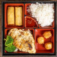 Chicken Teriyaki Bento Box · Served with 2 pcs spring roll 3 pcs gyoza rice and soda.