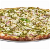 Garden Pesto · Our Pesto Pizza topped with artichoke, red onion and ricotta cheese.