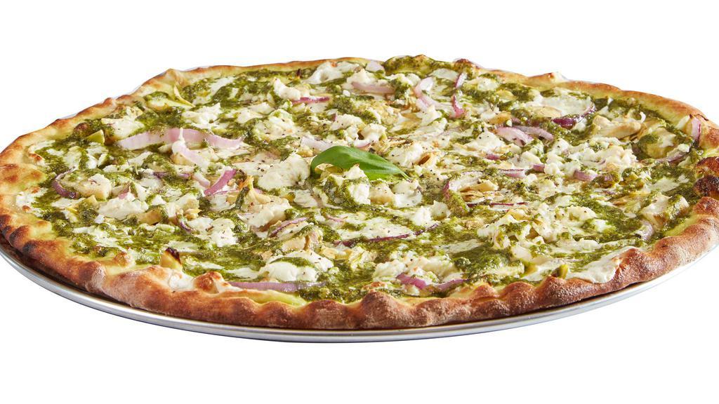 Garden Pesto · Our Pesto Pizza topped with artichoke, red onion and ricotta cheese.