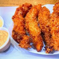 Holy Tenders · Strips of juicy fried chicken, your choice of sauce on the side.