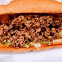 Chopped Cheese · Chuck patty chopped with grilled onion and American cheese. Topped with lettuce and Holy Sau...