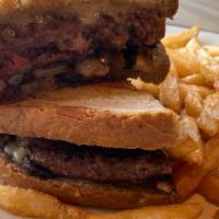 Main Street Patty Melt · Stuffed burger with sautéed onions, mushrooms, swiss, rye bread, and more swiss.