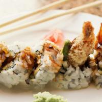Angry Dragon Roll · Shrimp tempura with spicy kanikama, mango, spicy mayo.