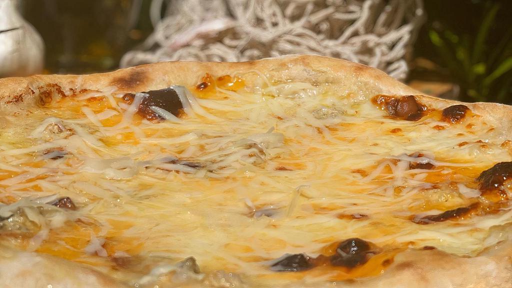 Quattro Formaggi	 · Bianca Pizza, Gorgonzola, Fior di Latte Smoked Mozzarella