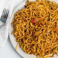 Chilli Garlic Noodles · Stir-fried noodles with lots of veggies with extra chilies and garlic.