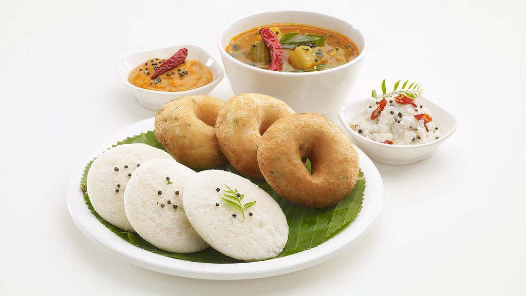Idli Sambhar (2 Pcs.) · The cakes are made by steaming a batter consisting of fermented black lentils (de-husked) and rice.