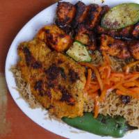 Chicken Mix Platter · Special chicken combo of chapli kebab, shish kebab and adana kebab served with rice.