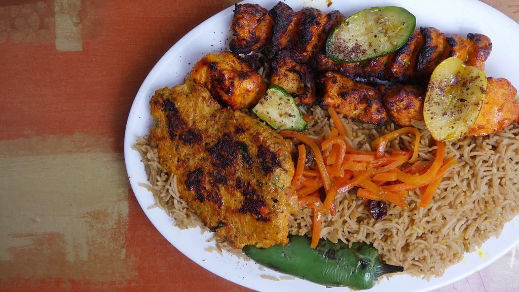 Chicken Mix Platter · Special chicken combo of chapli kebab, shish kebab and adana kebab served with rice.