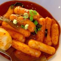 Tteok Bokki · Stir fried rice cakes and fish cakes in a red chili paste sauce