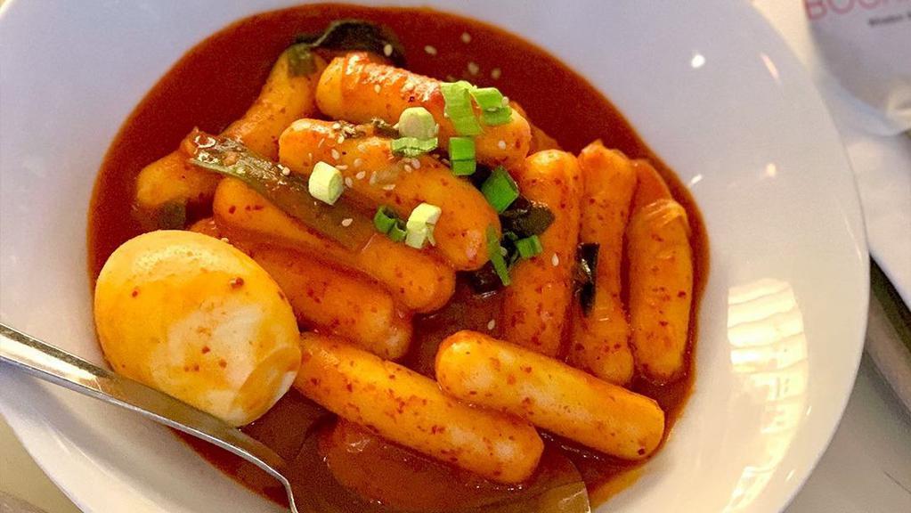 Tteok Bokki · Stir fried rice cakes and fish cakes in a red chili paste sauce