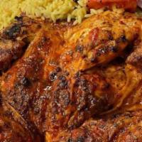 Whole Grilled Chicken · Whole Chicken. Served with rice or French fries grilled onion, grilled tomato, and vegetable.