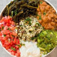 Veggie Power Bowl · Light and fresh veggie bowl with pozole beans and your choice of toppings and sauce.