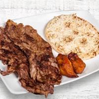 Carne Asada Con Arepa Con Queso · Grilled beef steak and corn cake with cheese.