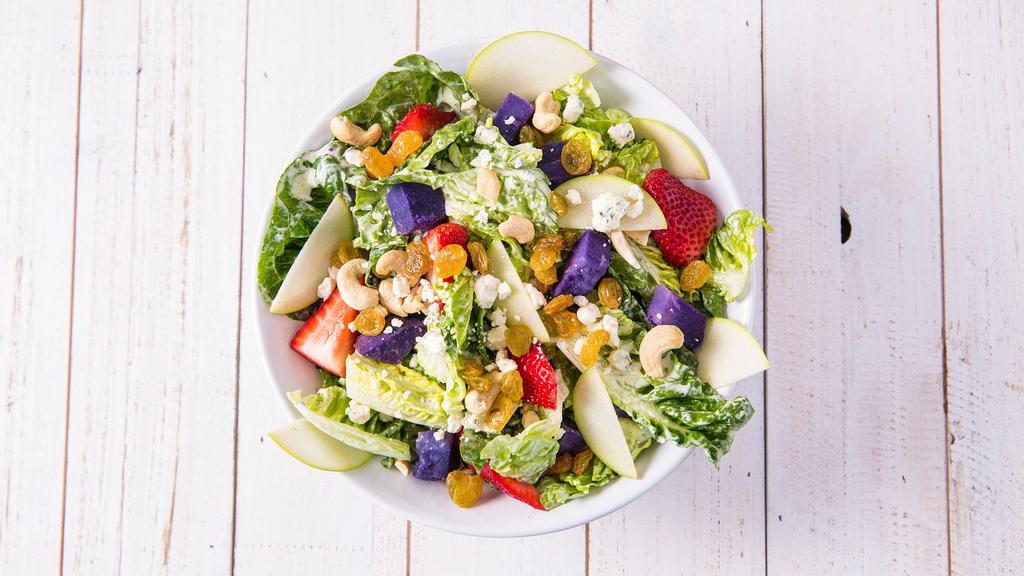 Maui Goddess · Gluten-free. Romaine, apples, strawberries, purple sweet potatoes, cashews, curry golden raisins, blue cheese, and green goddess dressing. Add protein for a additional charge.
