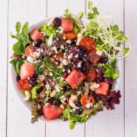 Watermelon & Feta · Spring mix, watermelon, tomatoes, dried cranberries, sun sprouts, cashews, feta, and roasted...