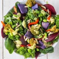 Super Salad 2.0 · Kale, spinach, purple sweet potatoes, roasted beets, kimchee broccoli, bell pepper, almonds,...