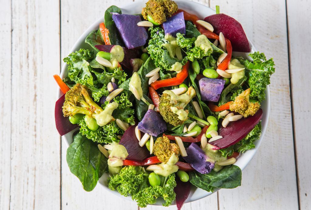 Super Salad 2.0 · Gluten-free, dairy-free. Kale, spinach, purple sweet potatoes, roasted beets, kimchee broccoli, bell pepper, almonds, and avocado-lime dressing. Add protein for a additional charge.