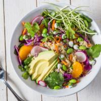 Buddha Bowl · Gluten-free, vegan. Quinoa, purple cabbage, carrot, wasabi peas, avocado, bell pepper, sun s...