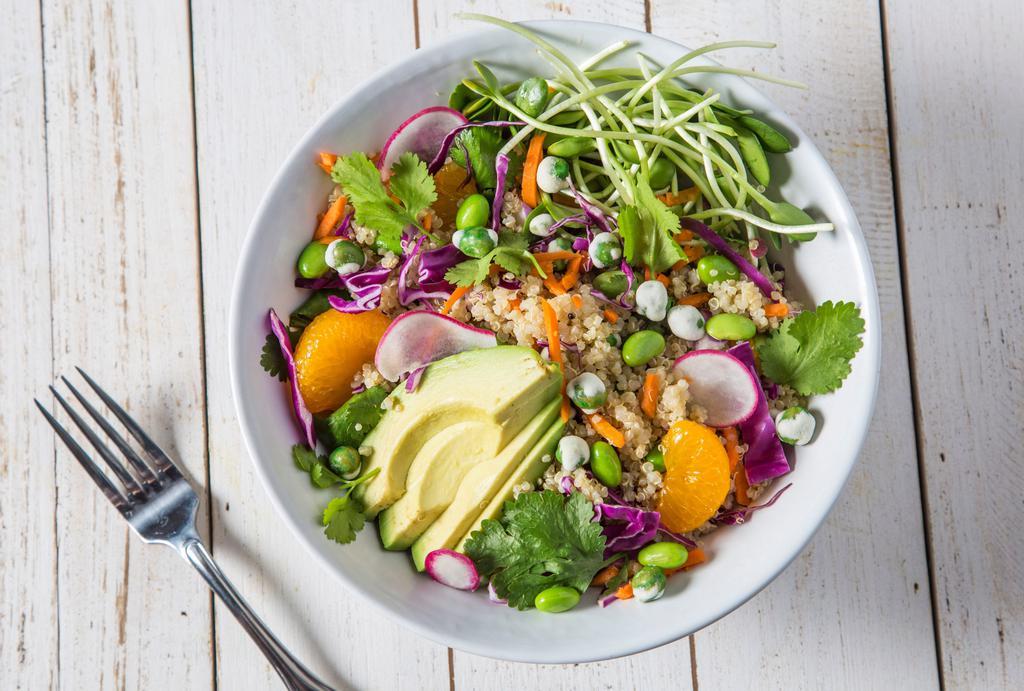 Buddha Bowl · Gluten-free, vegan. Quinoa, purple cabbage, carrot, wasabi peas, avocado, bell pepper, sun sprouts, mandarin oranges, edamame, miso ginger dressing.