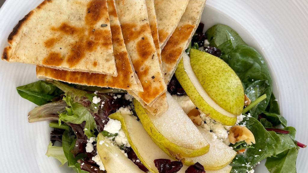 Avenue Salad · Field greens, seedless grapes, sundried cranberries, crumbled feta cheese, candied walnuts, sliced pears, honey mustard.