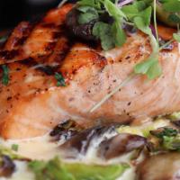 Atlantic Salmon Gf · Roasted brussels sprouts, mushrooms, mashed potatoes, lemon butter sauce