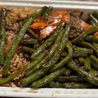Beef With String Beans · Served with choice of rice and choice of side.