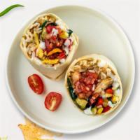 V For Veggie Burrito · Grilled seasonal vegetables topped with sour cream, salsa, cheese, and spanish rice wrapped ...