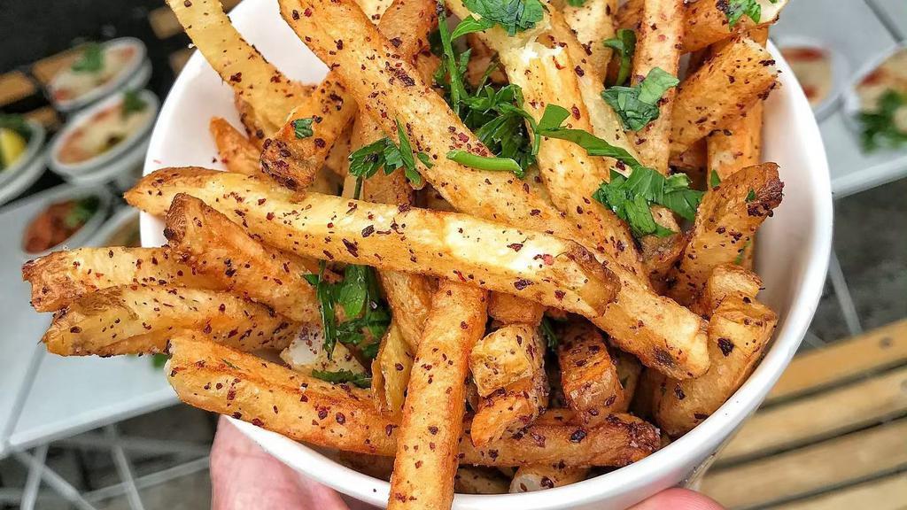  - Sumac Fries · Hand-cut frites tossed in sumac and parsley with za'atar aioli.