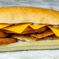 Banging Buffalo · Breaded chicken cutlet, red onions, cheddar cheese with buffalo blue cheese.