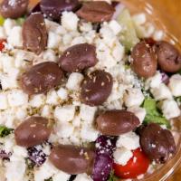 Greek Salad · Tossed salad topped with Kalamata style black olives with feta cheese and oregano flakes.