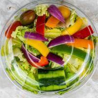Tossed Salad · Romaine lettuce, mixed cherry tomatoes, English cucumbers, mixed fresh peppers and red onion...