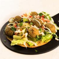 Falafel Salad Pizza · New. Rorie’s Recipe.   Gluten free crust, romaine lettuce, israeli salad, sour pickles, RR f...