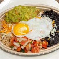 Mexican Bowl · Jasmine rice, black beans, pico de gallo, guacamole, mixed cheese, sunny side up egg.