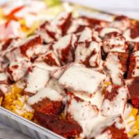 Chicken And Lamb Over Rice, Salad · It comes with white sauce all over.