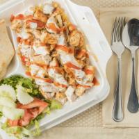 Grilled Chicken Rice · Halal chicken rice platter comes w/ salad and Free soda