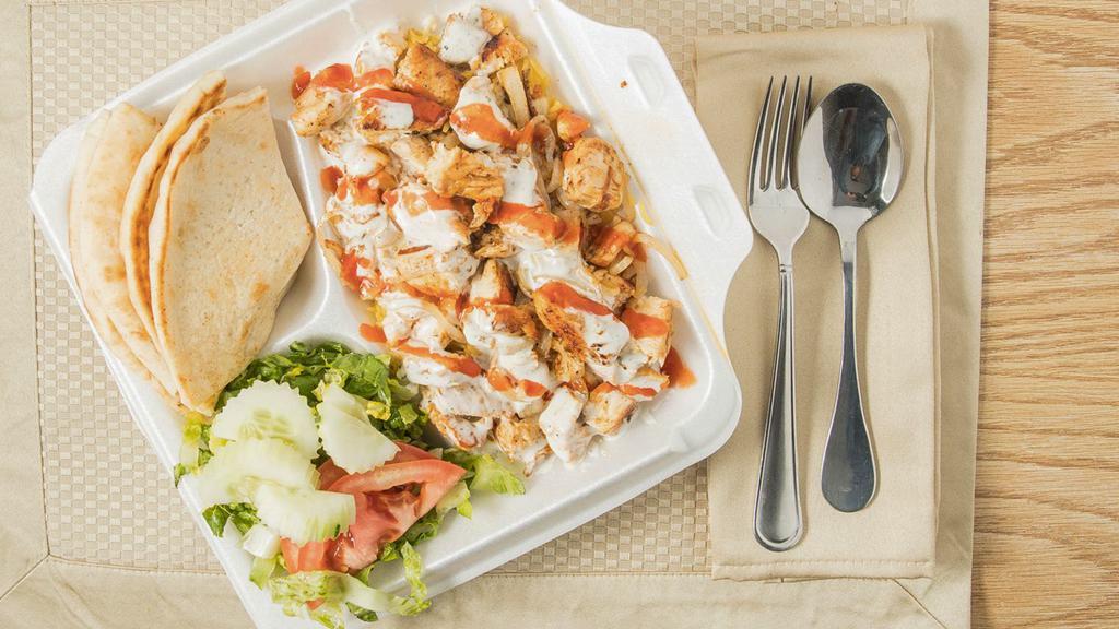 Grilled Chicken Rice · Halal chicken rice platter comes w/ salad and Free soda