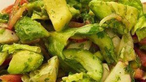 Avocado Tomato Salad · Mix of romain lettuce, avocado tomato, cucumber, red bell pepper, red onion. Tossed in olive...
