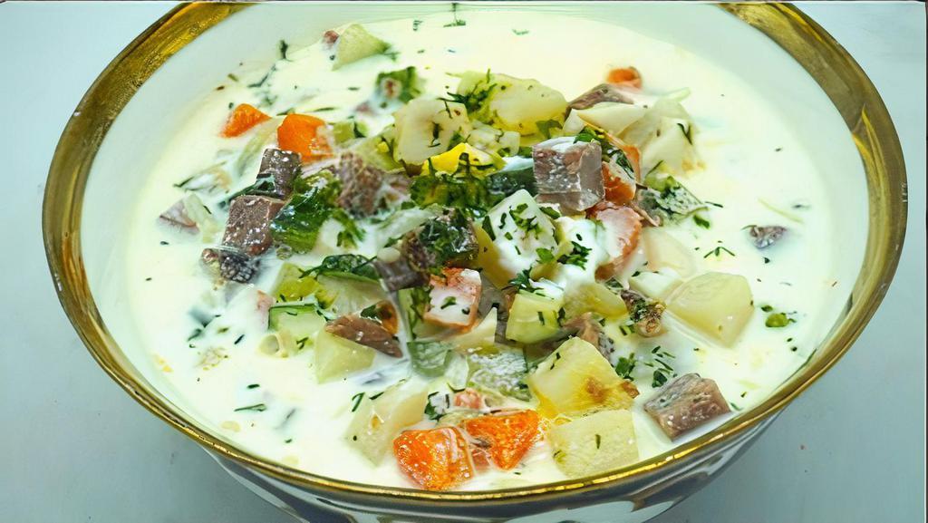 Okroshka · Cold yogurt soup with meat and boiled vegetables.