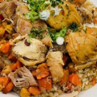 Plov With Halal Chicken Thigh ( New ! ) · Rice pilaf cooked in a kazan w/ chunks of halal chicken thigh, carrots and chickpeas, topped...